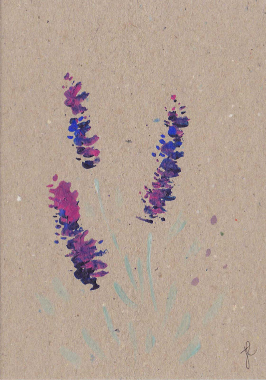 Artistic depiction of purple flowers on a textured beige background