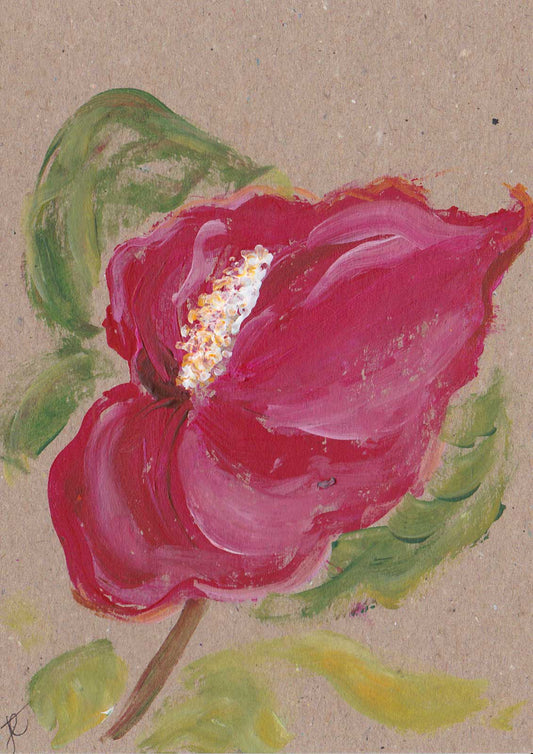 Greetings card with an original painting of a pink anthurium flower with green leaves on a textured beige background