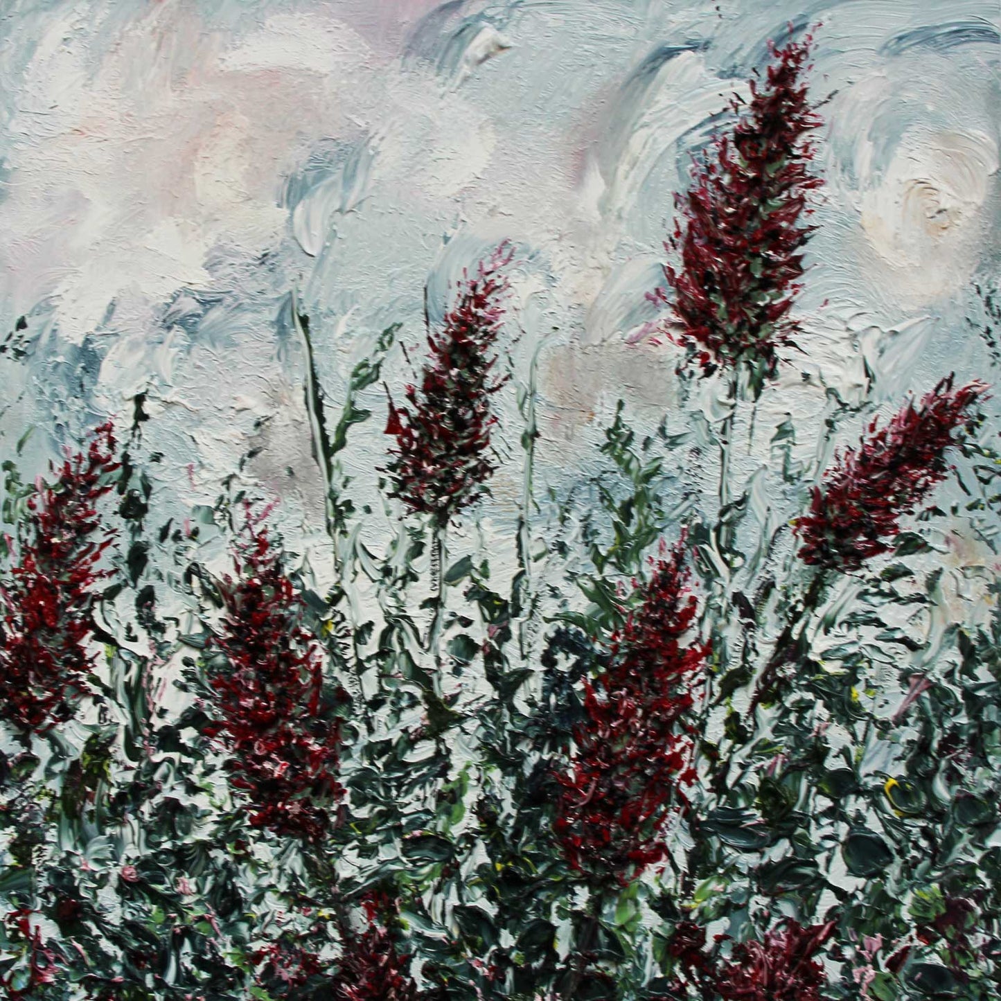 Textured flower painting in square format. The blooms are dark red against a swilring sky