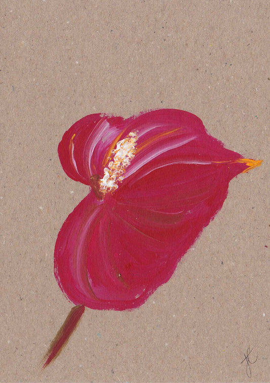 Greetings card with artistic depiction of a pink anthurium flower with gold accents on a beige background