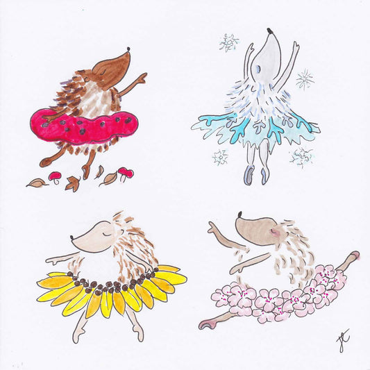 4 Ballettoons Hedgie illustrations each with a seasonal tutu: mushroom, snowflake, blossom and sunflower