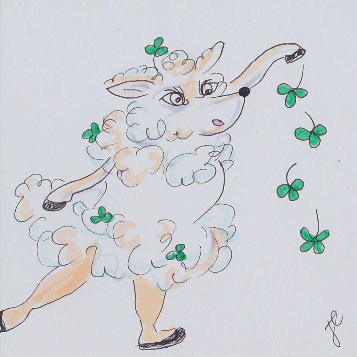 Dancing cartoon sheep character with a white tutu and green clover on a white background