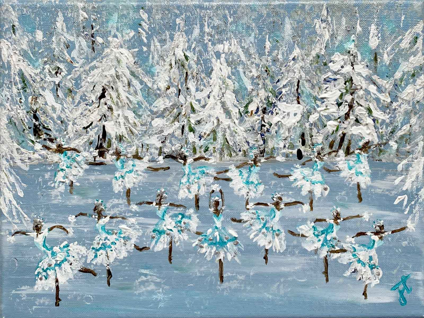 Painting of ballerinas dancing in snow costumes in winter forest