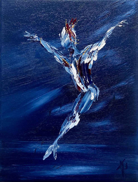 Stylised oil painting of danseur midleap against a blue background