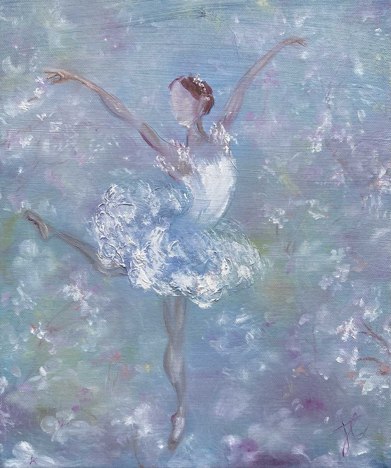 Artistic depiction of a ballerina in a white tutu against a soft, multicolored background with spring blossoms.