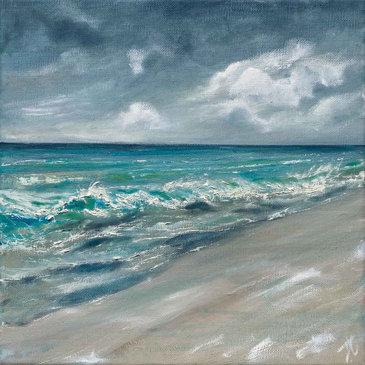 Square seascape oil painting with textured surface