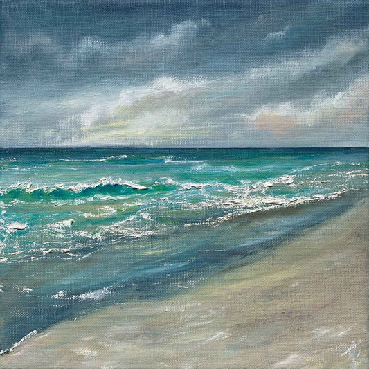 Square seascape painting with textured surface