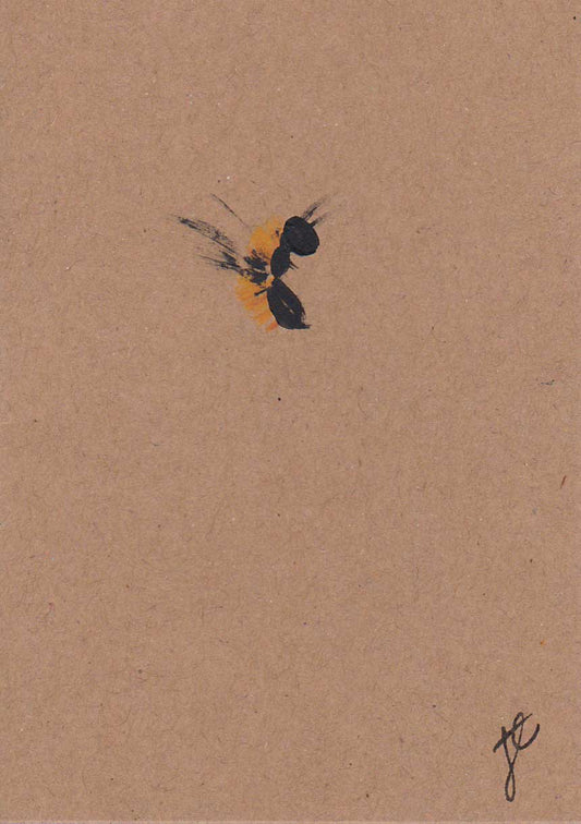 Small abstract paint sketch of a bee on brown paper with a signature at the bottom right corner.