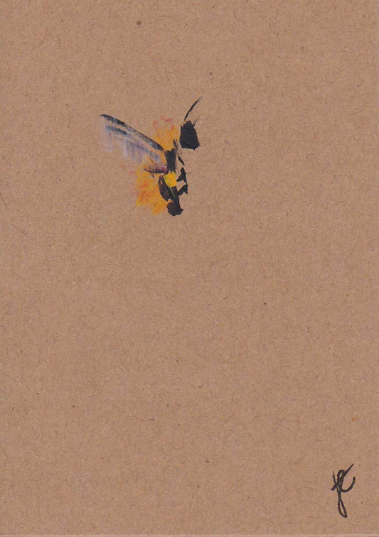 Small paint sketch of a stylised bee on a natural brown card