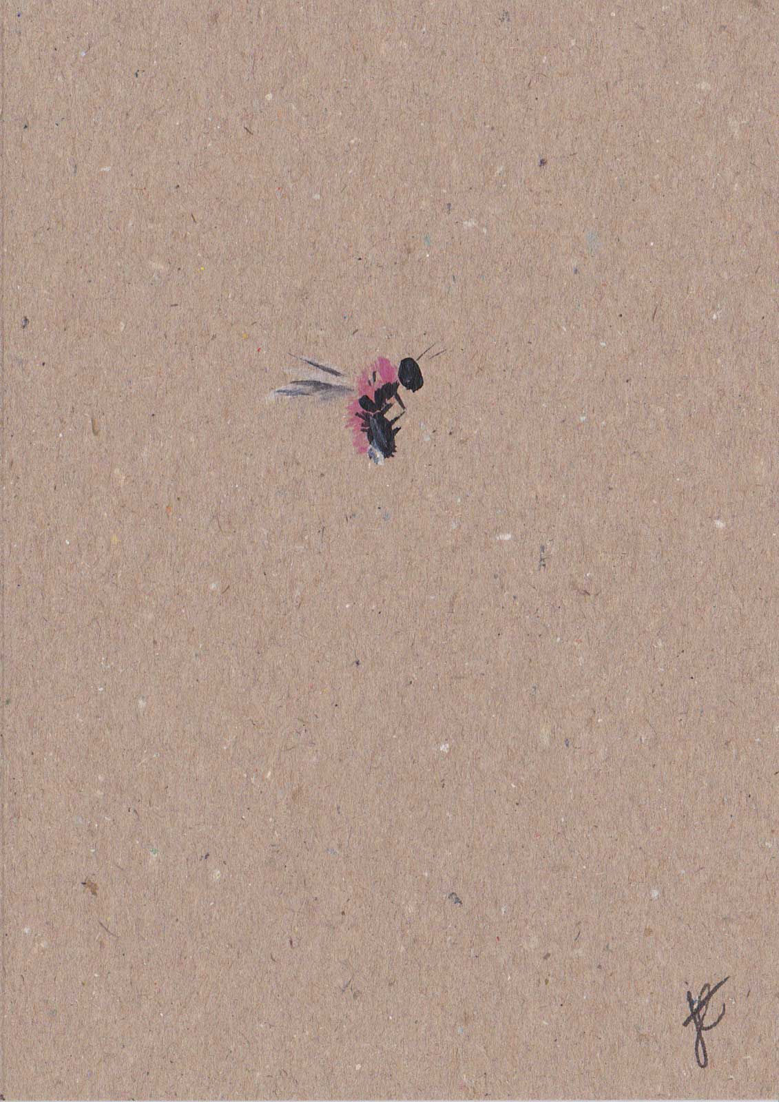 Hand-painted card of a bee with pink fuzz