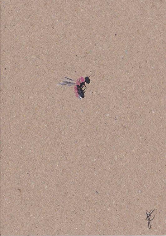 Hand-painted card of a bee with pink fuzz