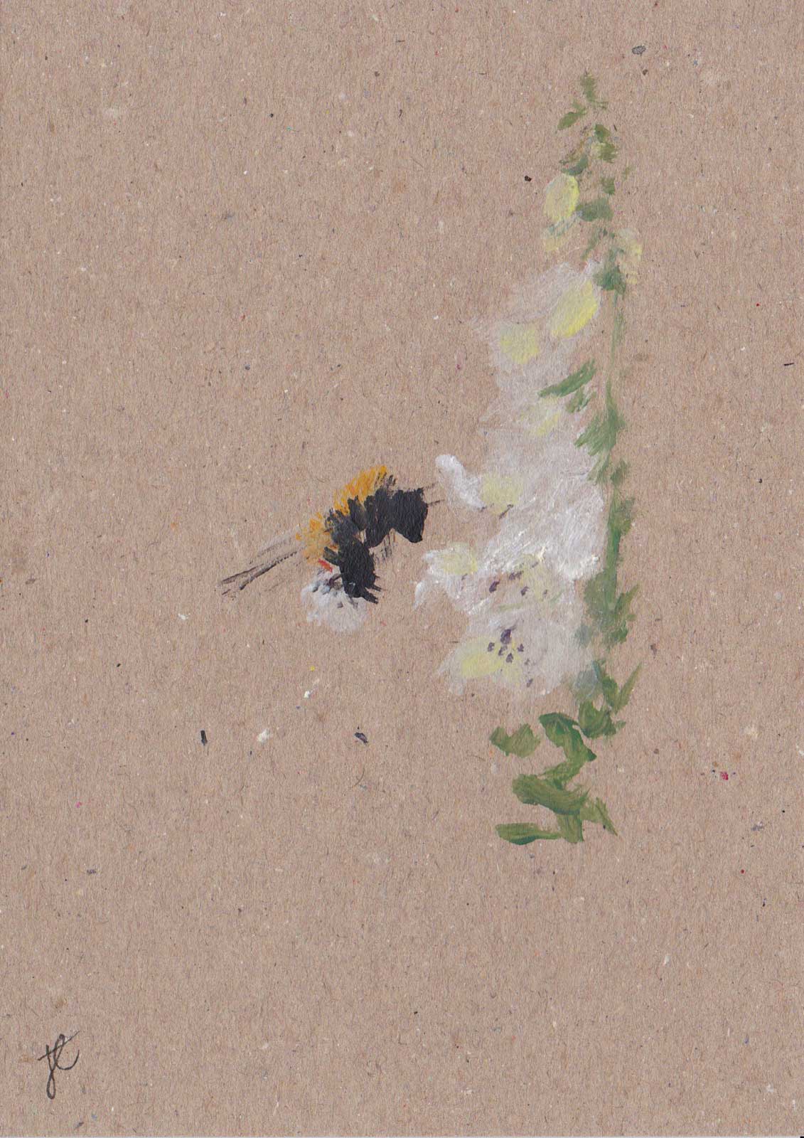 Original painted card depicting a bee on white foxglove flowers with a textured beige background