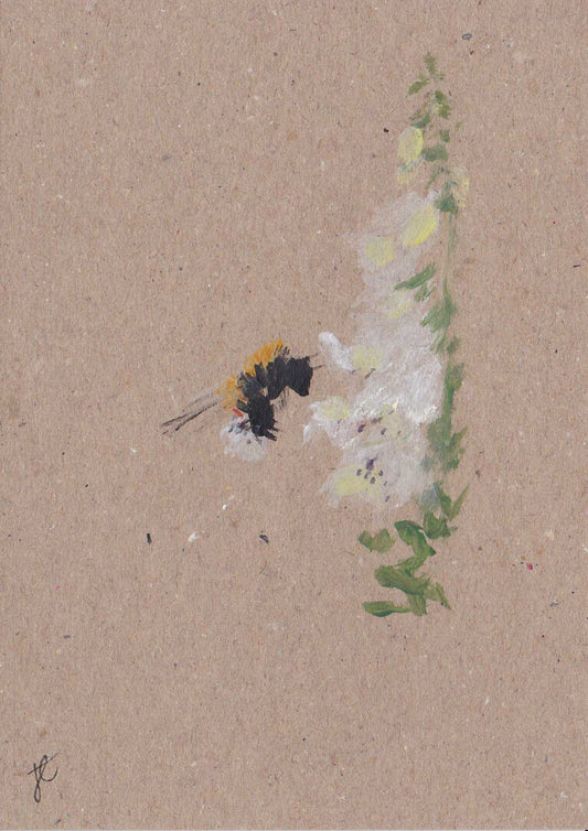 Original painted card depicting a bee on white foxglove flowers with a textured beige background