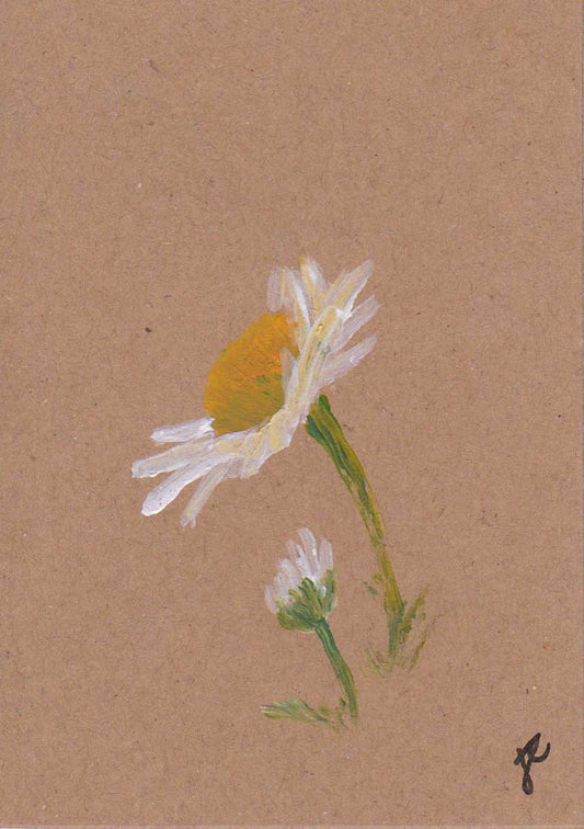 Daisy flower and bud painted on a natural brown card stock