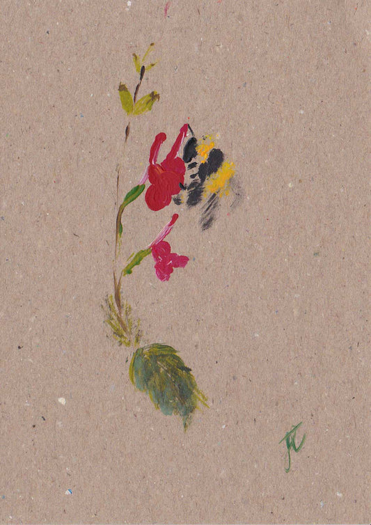 Hand-painted card with bee and floral design on textured beige paper