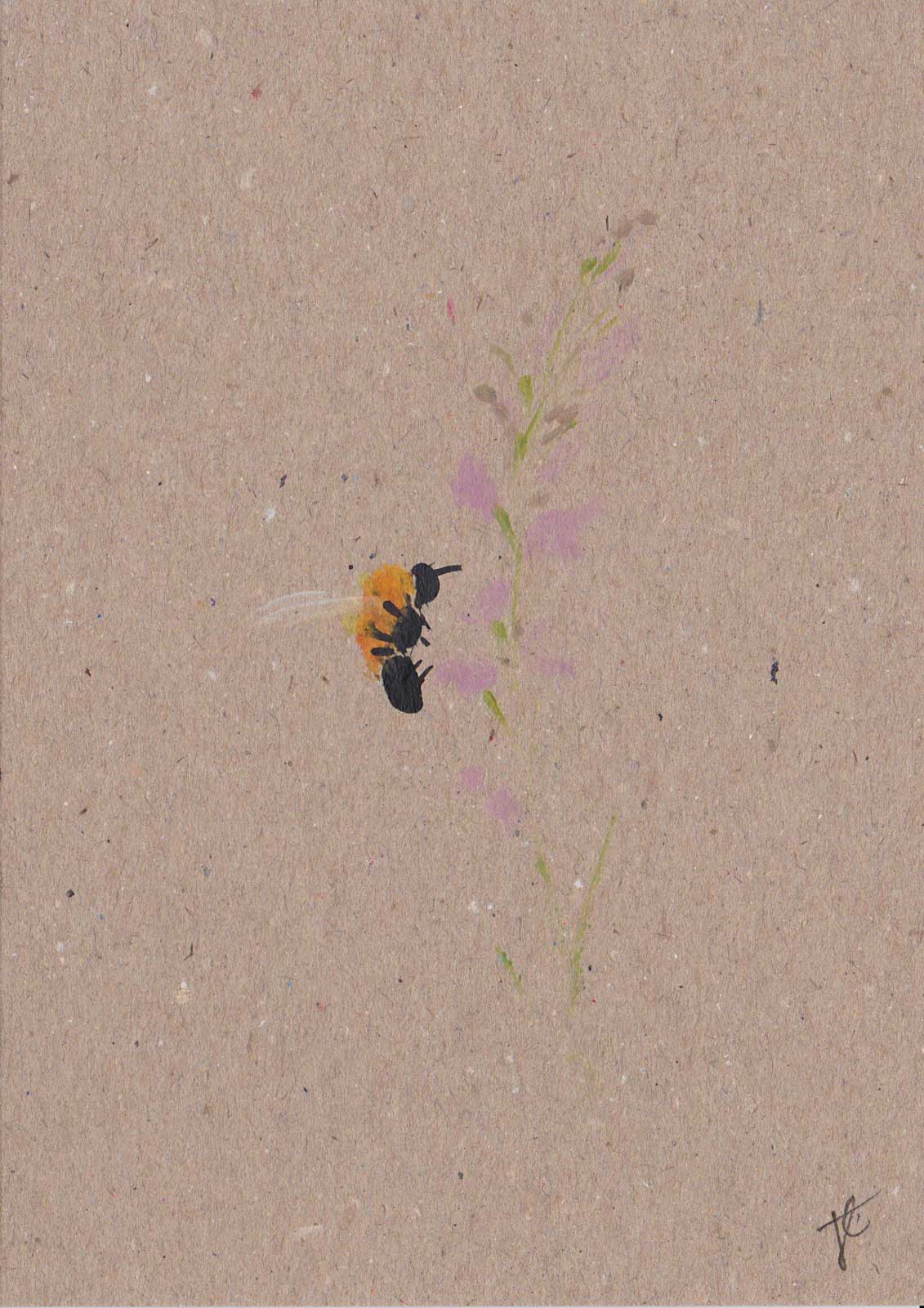 Original art card featuring a bee hovering alongside delicate pink blooms