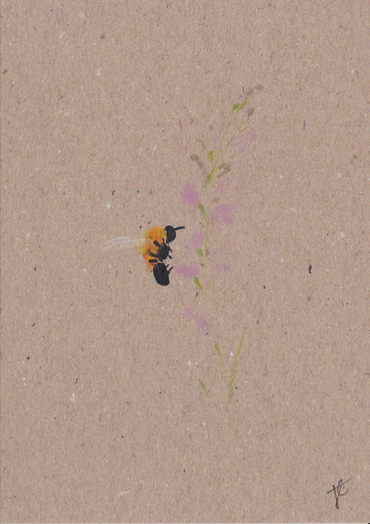Original art card featuring a bee hovering alongside delicate pink blooms
