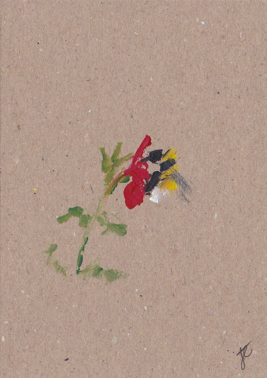 Art card with painting  of a bee feasting on a red salvia flower on a textured beige background
