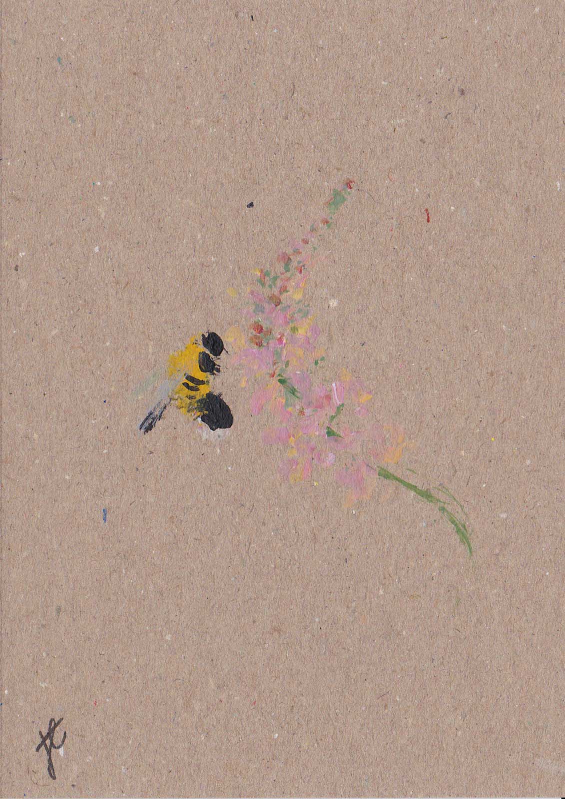 Greetings card with bumble bee painted alongside pink toadflax flowers