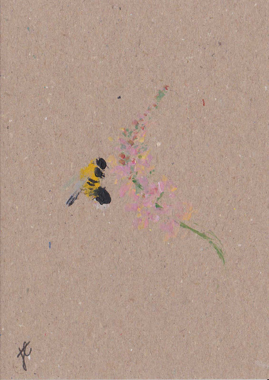 Greetings card with bumble bee painted alongside pink toadflax flowers