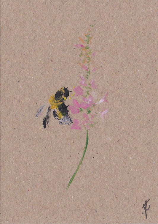 Illustration art card of a bee on pink flowers on recycled card