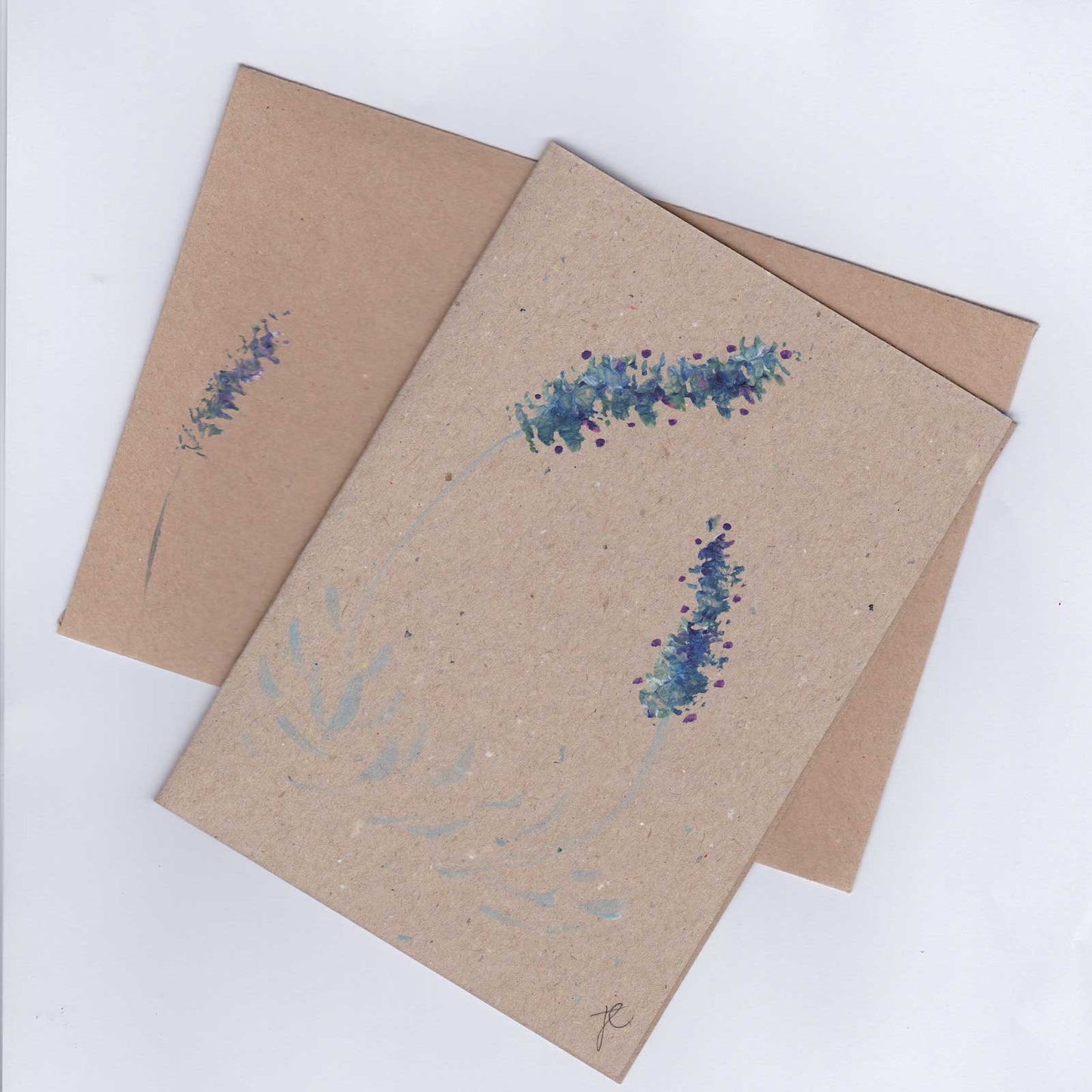 Kraft card and envelope with hand-painted lavender blooms in blues and greens with a hint of purple