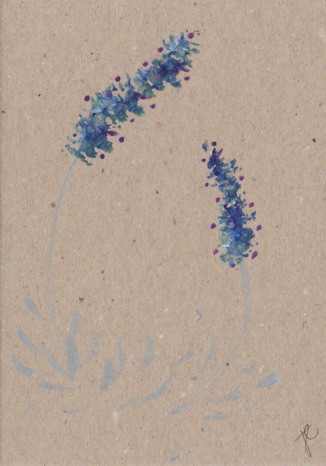 Kraft card with two lavender blooms painted on it