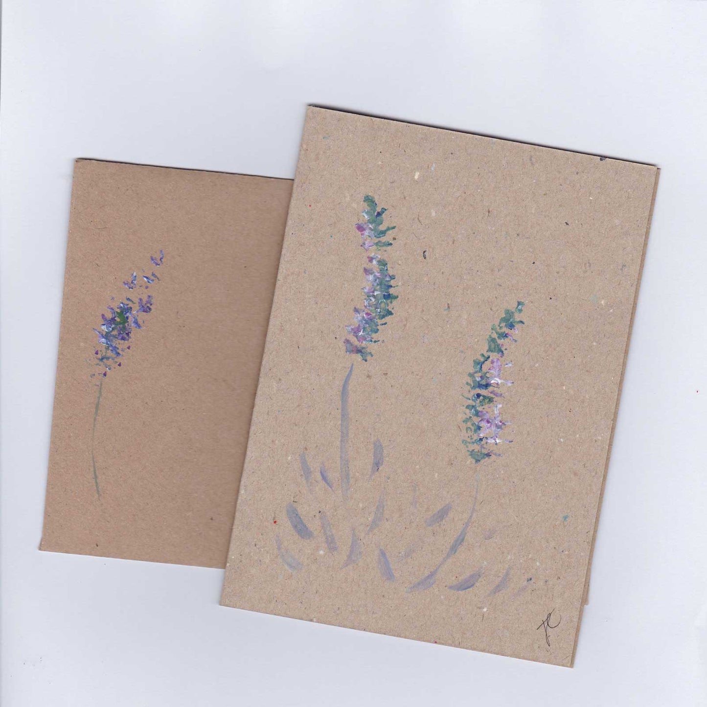 Kraft card and envelope with lavender flowers painted by hand in soft pastel hues