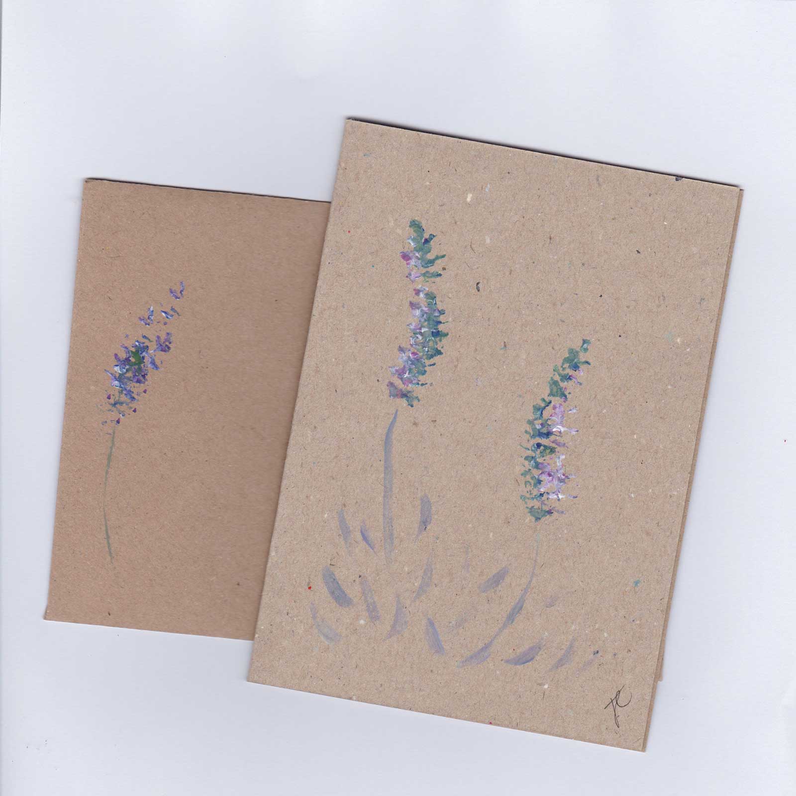 Kraft card and envelope with lavender flowers painted by hand in soft pastel hues