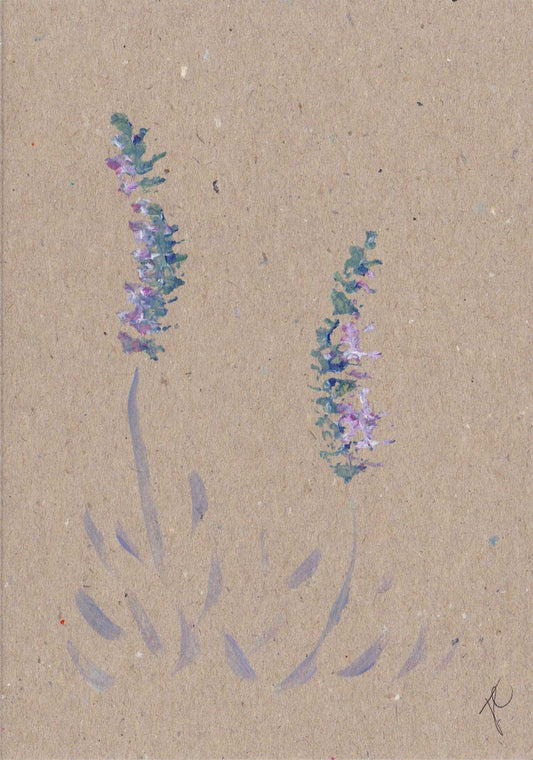 Kraft card with lavender flowers painted in soft pastel hues