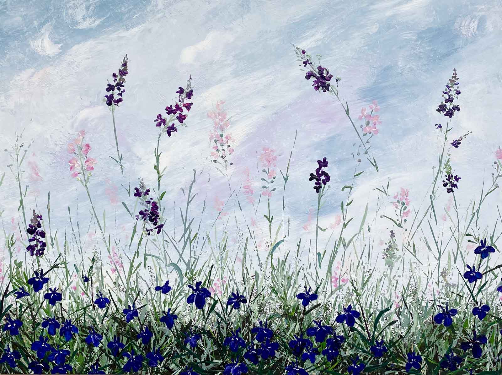 Flower painting with toadflax and lobelia flowers