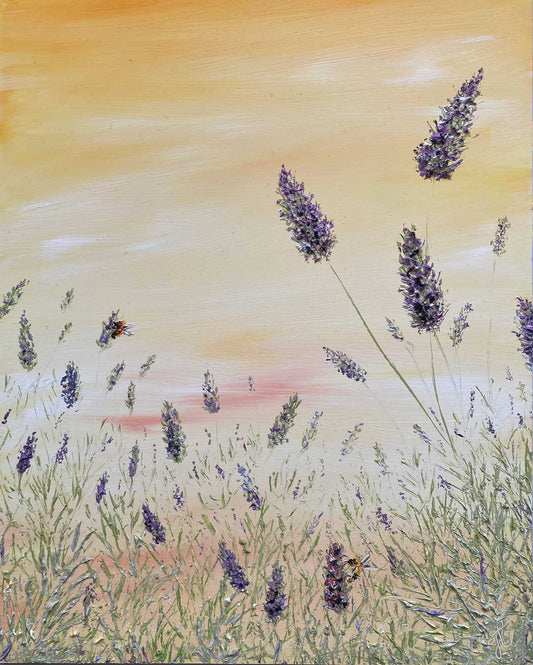 Painting of lavender flowers and bees against a golden sunset sky.