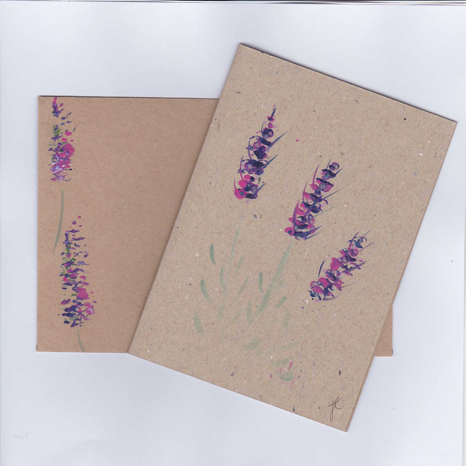Hand-painted lavender card and envelope on kraft card