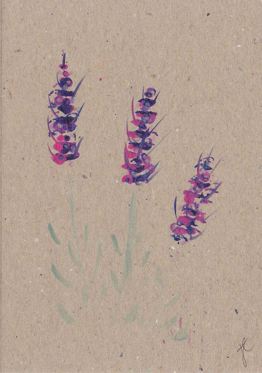 Artistic depiction of trio of lavender flowers on a textured beige background
