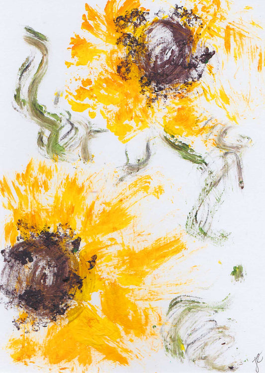 Abstract greetings card painting of sunflowers with bright yellow petals and brown hearts on a white background.