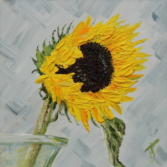 Painting of sunflower  with leaf in glass vase