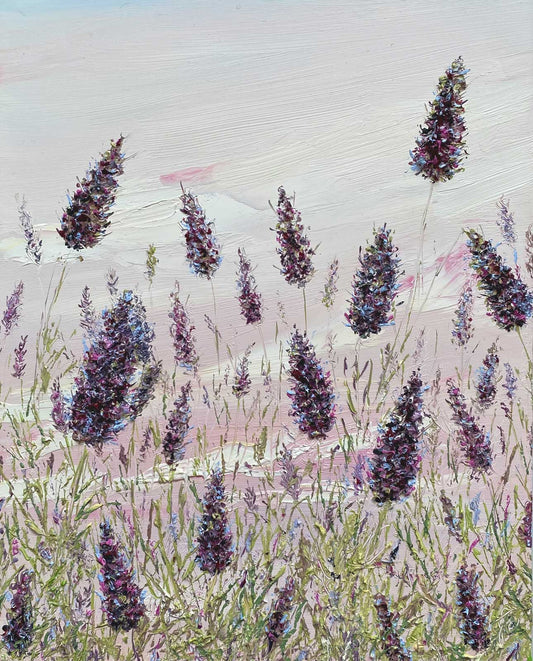 Artistic depiction of delicately textured lavender flowers on an atmospheric lilac background