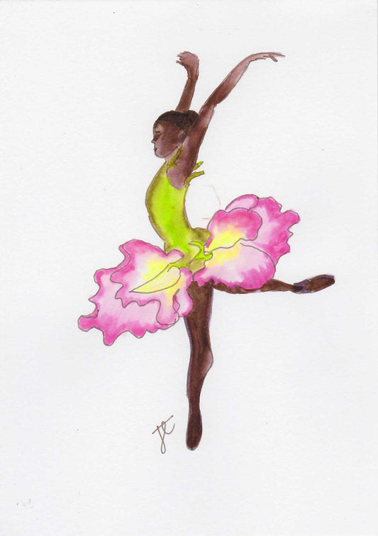 Ballerina illustration of dancer in pink flower tutu with green bodice