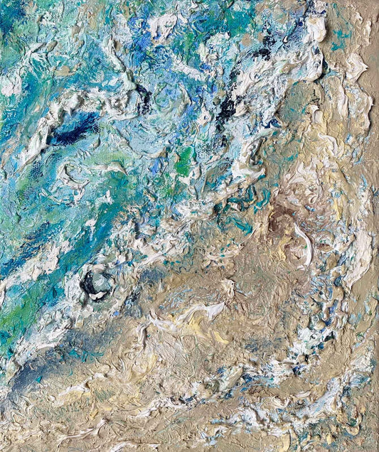 textured seascape painting: aerial view of waves and sand