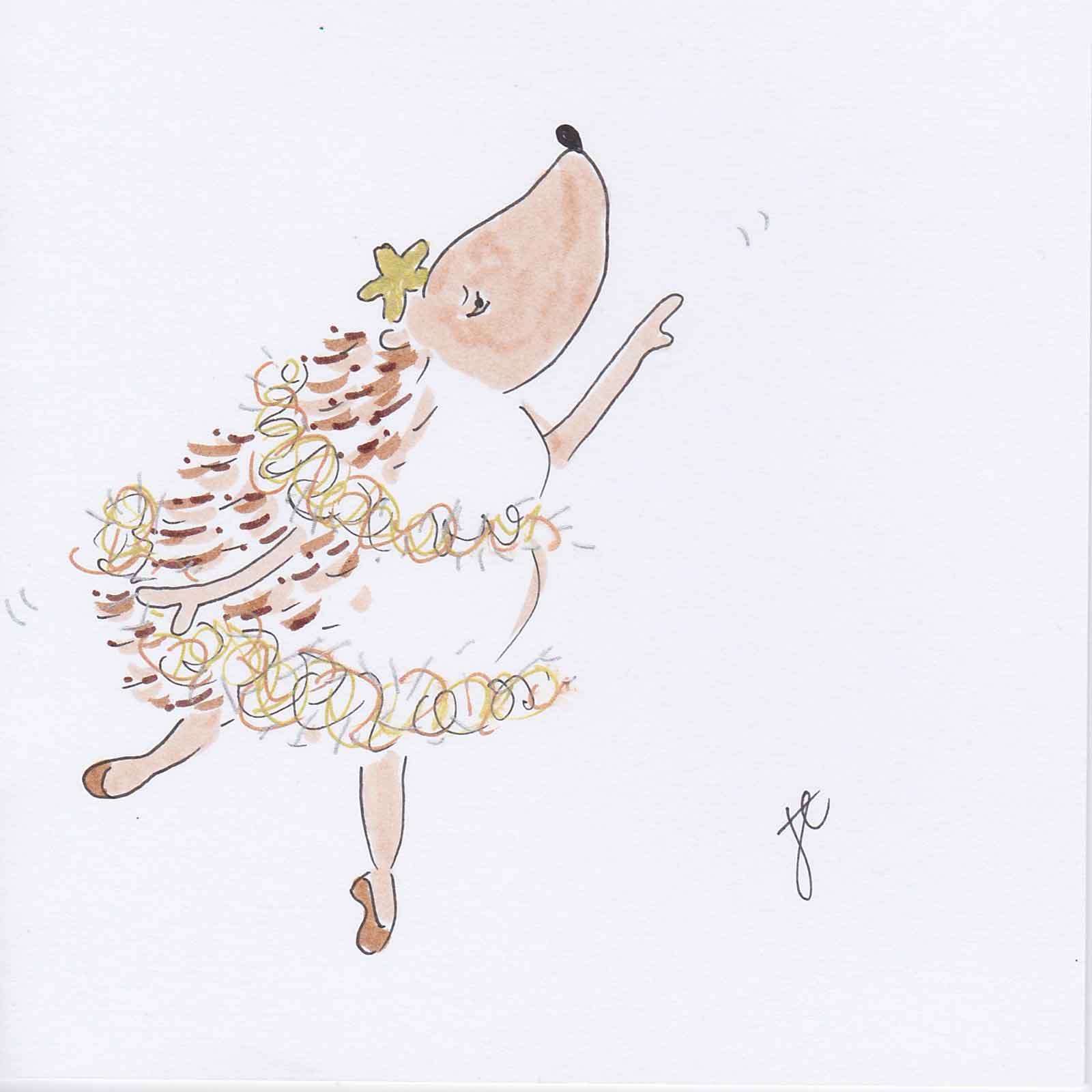 Ballettoons Hedgie illustration: arabesque pose, tinsel costume and a star for a crown