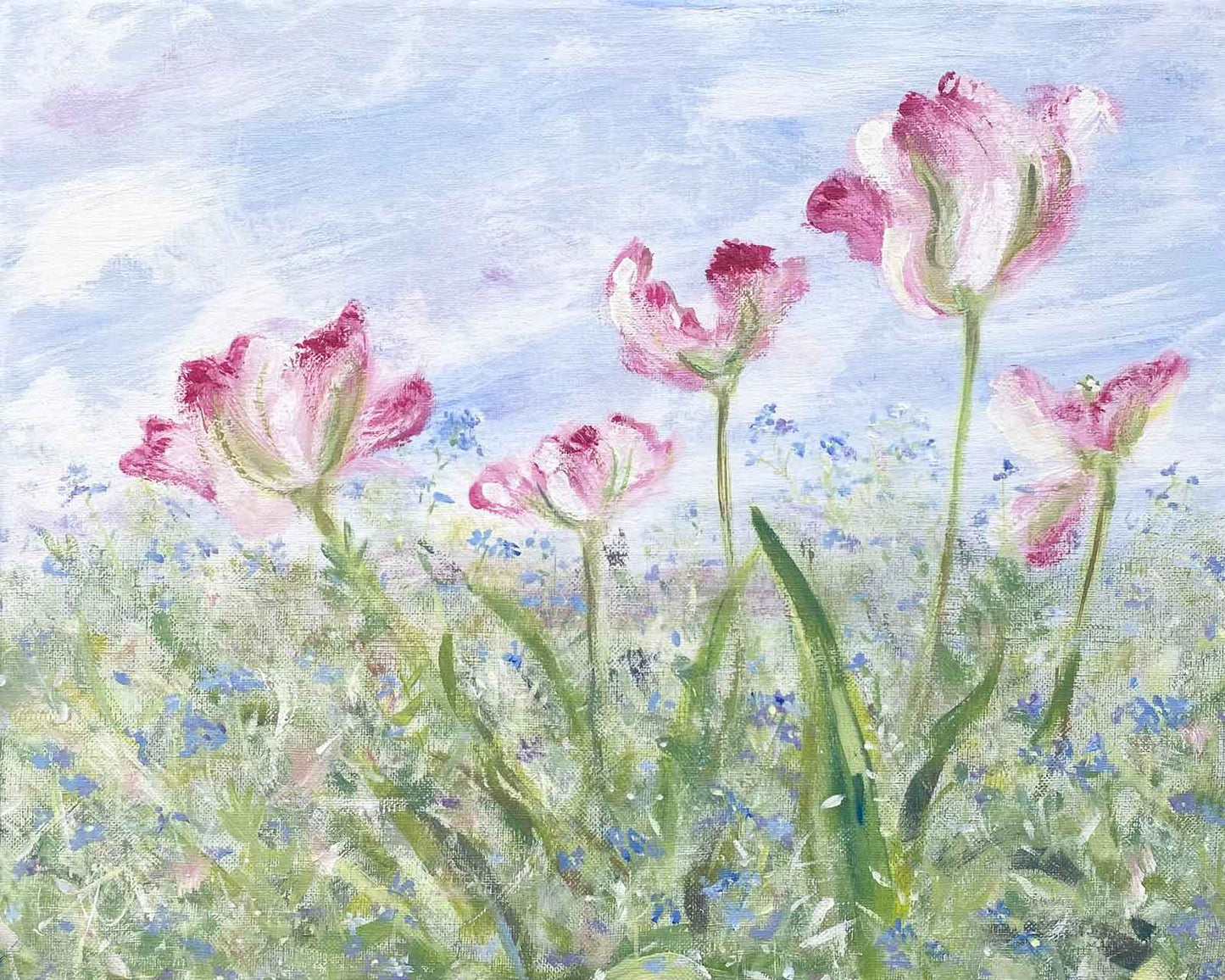 Softly coloured painting of pink, white and green tulips growing amidst forget-me-nots