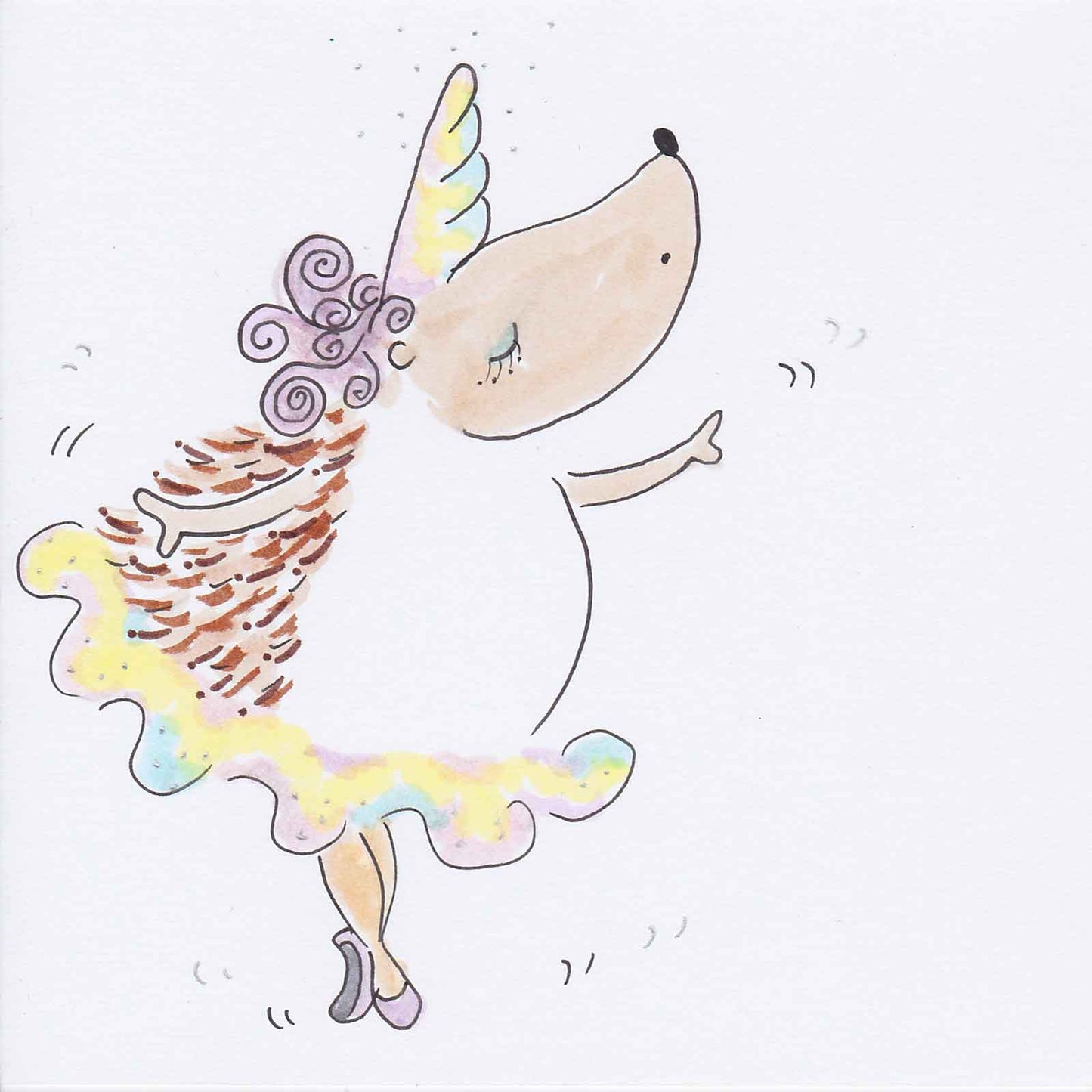 Ballettoons Hedgie illustration of dancing hedgehog poised en pointe in unicorn costume