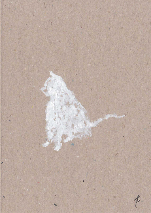 A minimalist art hand-painted card featuring a textured white sketch of a cat on a warm brown kraft paper background.