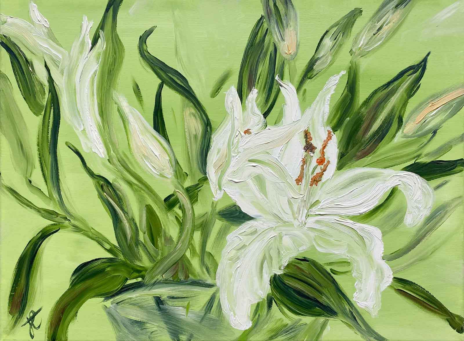 Still life painting of lilies in vase against a green background