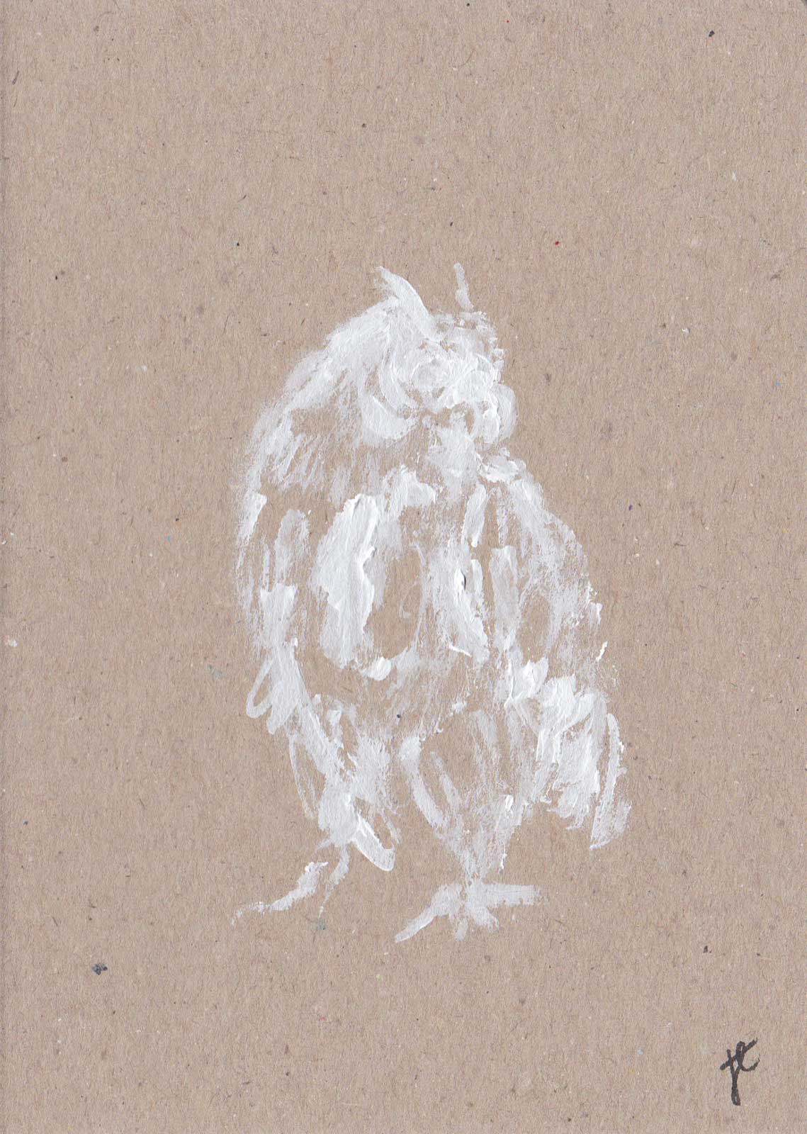 An owl is painted in white on the kraft surface of this original greetings card