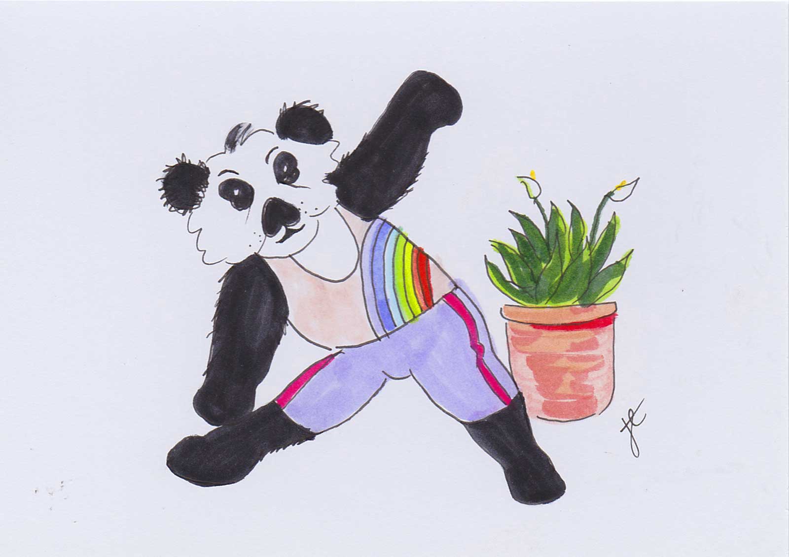 Illustration of Yoga Panda in side stretch with pot plant