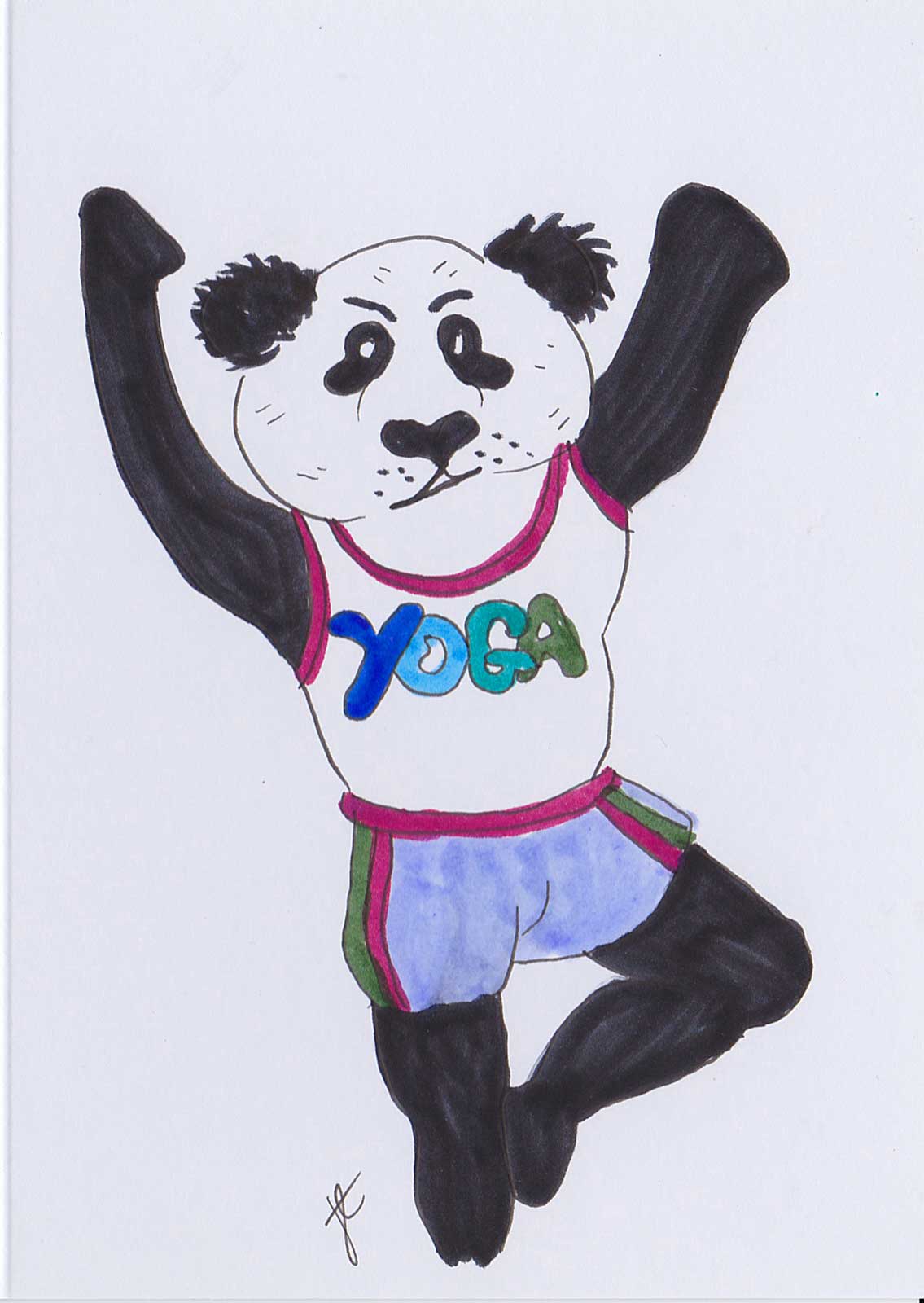 Illustrated card of panda stretching in yoga vest and shorts