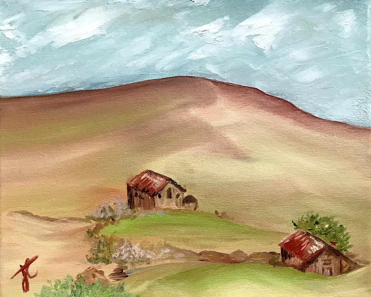 Painting cropped to edge: a hilly landscape with two houses on the hillside.