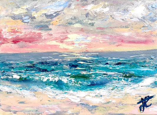 Painting cropped to edge: a sunset sky over the ocean with the waves and beach in the foreground.