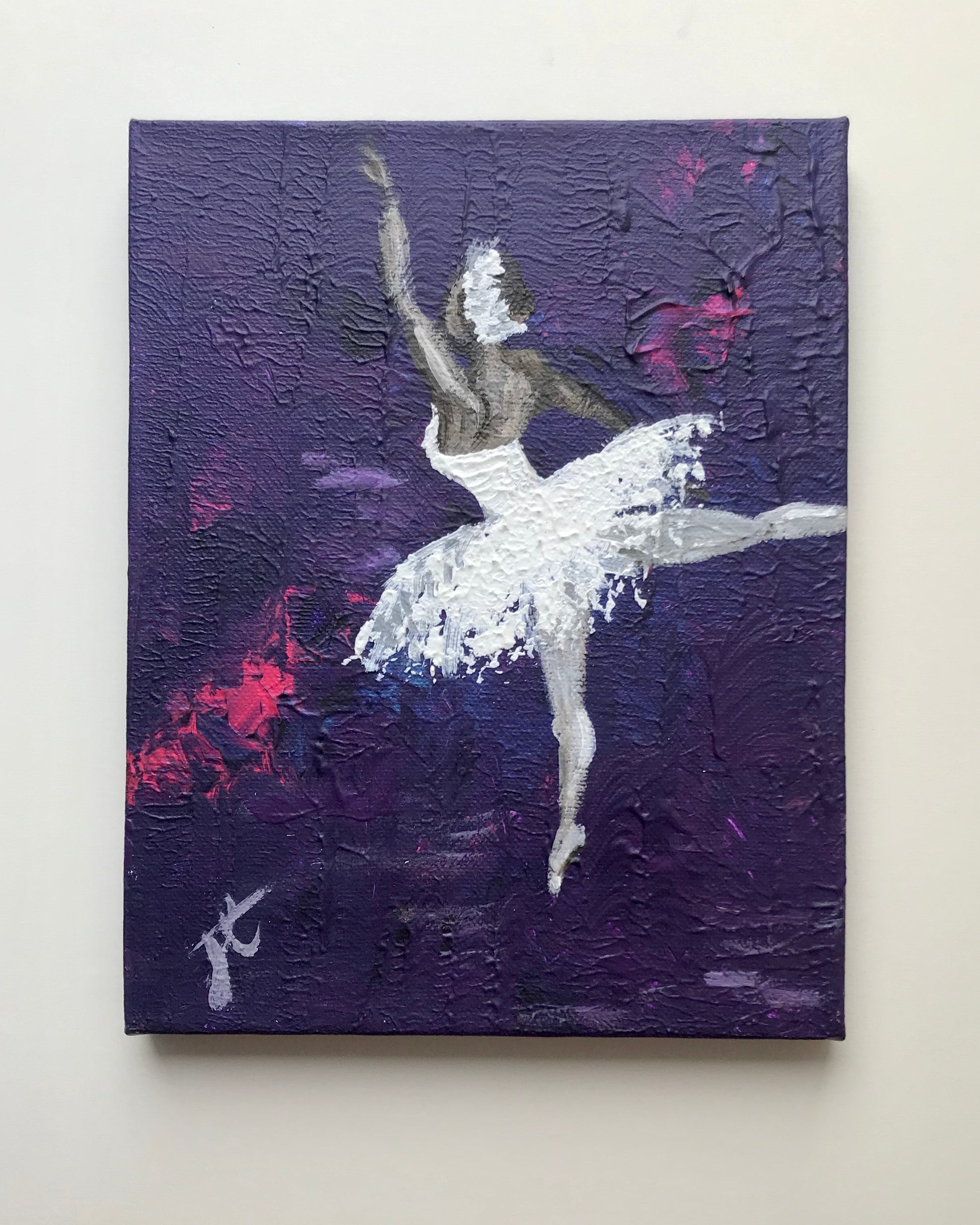 Painting shown against light background: a ballerina in swan costume poised stepping away from the viewer. She is shown against a purple and neon pink textured background.